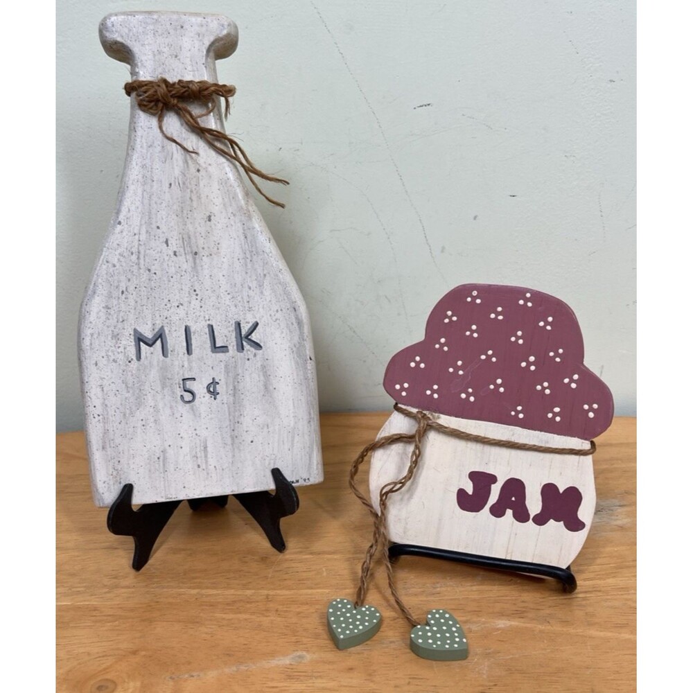 Vintage Decorative Country Wooden 8.5" Milk 5 Cent & 5.5" Jam Jar Wall Hanging